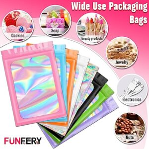 Funfery 300 Pack 3 Size Mylar Holographic Bags with Clear Window,Resealable Bags Smell Proof Bags Zipper Foil Bags Packaging Pouch for Food Storage,Sample,Small Business(Black,3x4.7,4x6,4.7x7.9in)