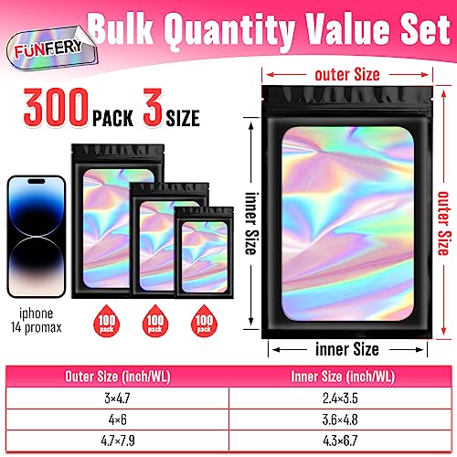 Funfery 300 Pack 3 Size Mylar Holographic Bags with Clear Window,Resealable Bags Smell Proof Bags Zipper Foil Bags Packaging Pouch for Food Storage,Sample,Small Business(Black,3x4.7,4x6,4.7x7.9in)