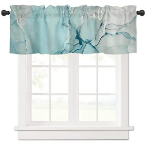 valances for windows, marble texture abstract teal blue and white gold glitter splatter kitchen curtains, bathroom curtains window 54"x18" rods pocket short curtains, kitchen small window curtains