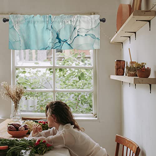 Valances for Windows, Marble Texture Abstract Teal Blue and White Gold Glitter Splatter Kitchen Curtains, Bathroom Curtains Window 54"x18" Rods Pocket Short Curtains, Kitchen Small Window Curtains