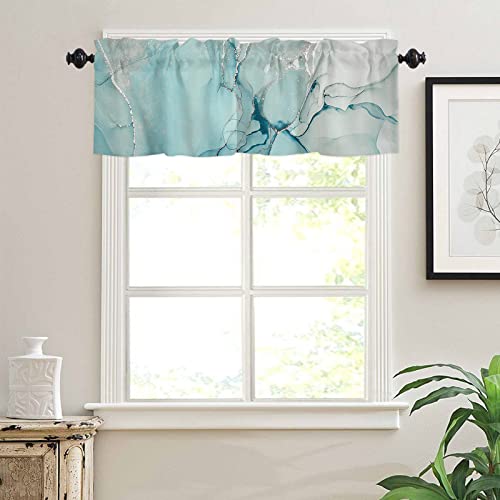 Valances for Windows, Marble Texture Abstract Teal Blue and White Gold Glitter Splatter Kitchen Curtains, Bathroom Curtains Window 54"x18" Rods Pocket Short Curtains, Kitchen Small Window Curtains