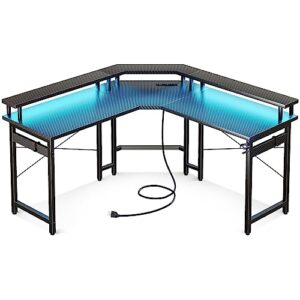 odk l shaped gaming desk with led lights & power outlets, 51" computer desk with full monitor stand, corner desk with cup holder, gaming table with hooks, black carbon fiber