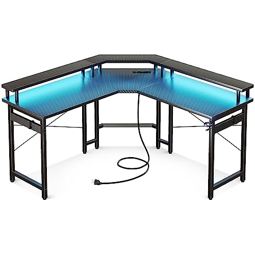 ODK L Shaped Gaming Desk with LED Lights & Power Outlets, 51" Computer Desk with Full Monitor Stand, Corner Desk with Cup Holder, Gaming Table with Hooks, Black Carbon Fiber