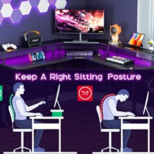 ODK L Shaped Gaming Desk with LED Lights & Power Outlets, 51" Computer Desk with Full Monitor Stand, Corner Desk with Cup Holder, Gaming Table with Hooks, Black Carbon Fiber