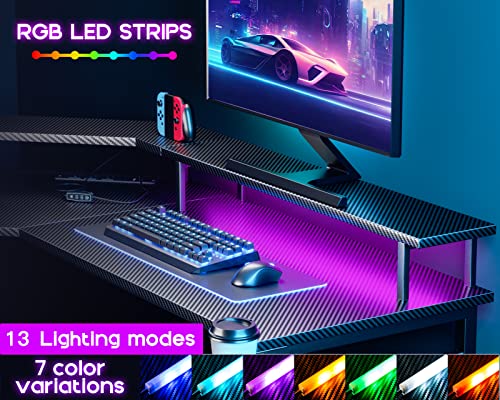 ODK L Shaped Gaming Desk with LED Lights & Power Outlets, 51" Computer Desk with Full Monitor Stand, Corner Desk with Cup Holder, Gaming Table with Hooks, Black Carbon Fiber