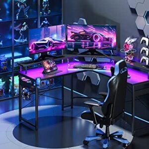 ODK L Shaped Gaming Desk with LED Lights & Power Outlets, 51" Computer Desk with Full Monitor Stand, Corner Desk with Cup Holder, Gaming Table with Hooks, Black Carbon Fiber
