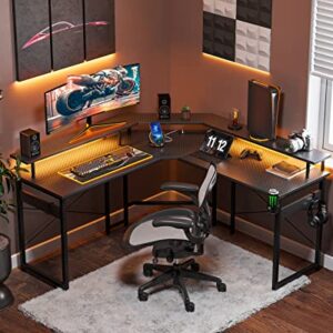 ODK L Shaped Gaming Desk with LED Lights & Power Outlets, 51" Computer Desk with Full Monitor Stand, Corner Desk with Cup Holder, Gaming Table with Hooks, Black Carbon Fiber