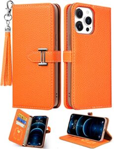 funermei for iphone 13 pro max case wallet for women leather folio designer luxury phone cases with credit card holder stand flip cute orange cover elegant pretty with tassel for apple 13 promax 6.7"