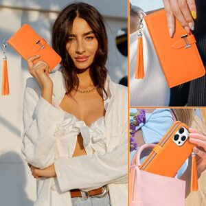 Funermei for iPhone 13 Pro Max Case Wallet for Women Leather Folio Designer Luxury Phone Cases with Credit Card Holder Stand Flip Cute Orange Cover Elegant Pretty with Tassel for Apple 13 Promax 6.7"