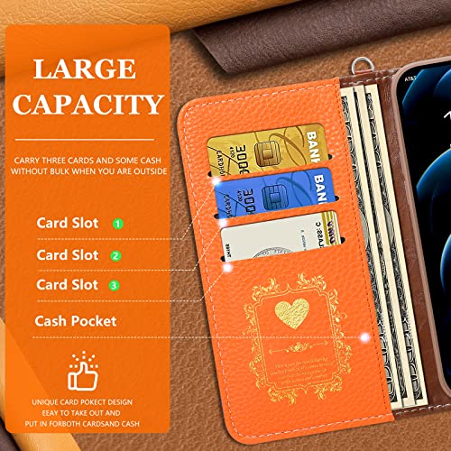 Funermei for iPhone 13 Pro Max Case Wallet for Women Leather Folio Designer Luxury Phone Cases with Credit Card Holder Stand Flip Cute Orange Cover Elegant Pretty with Tassel for Apple 13 Promax 6.7"