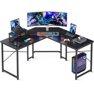 odk l shaped gaming desk, 51 inch computer desk with monitor stand, pc gaming desk, corner desk table for home office sturdy writing workstation, carbon fiber surface, black