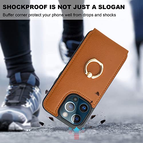 Folosu Compatible with iPhone 13 Pro Case Wallet with Card Holder, 360°Rotation Finger Ring Holder Kickstand Protective RFID Blocking PU Leather Double Buttons Flip Shockproof Cover 6.1 Inch Brown