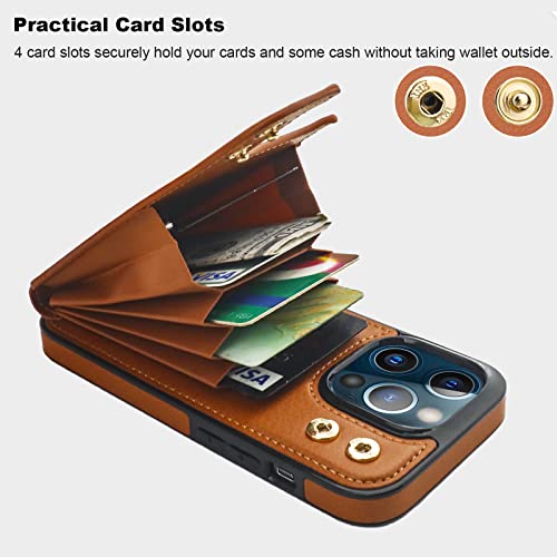 Folosu Compatible with iPhone 13 Pro Case Wallet with Card Holder, 360°Rotation Finger Ring Holder Kickstand Protective RFID Blocking PU Leather Double Buttons Flip Shockproof Cover 6.1 Inch Brown