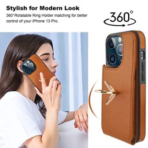 Folosu Compatible with iPhone 13 Pro Case Wallet with Card Holder, 360°Rotation Finger Ring Holder Kickstand Protective RFID Blocking PU Leather Double Buttons Flip Shockproof Cover 6.1 Inch Brown