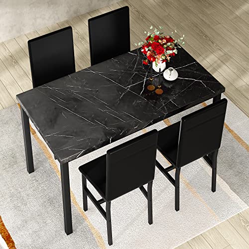 AWQM Faux Black Marble Dining Table with 4 Upholstered Chairs, 5-Piece Dining Room Table Set for Small Space, Breakfast Table Bar Table and Chairs Set for 4, Home & Kitchen Sets