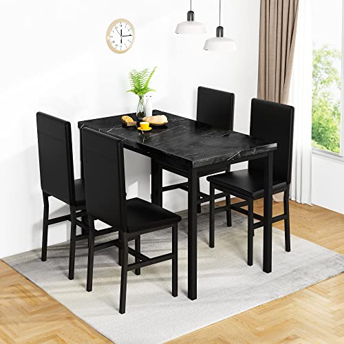 AWQM Faux Black Marble Dining Table with 4 Upholstered Chairs, 5-Piece Dining Room Table Set for Small Space, Breakfast Table Bar Table and Chairs Set for 4, Home & Kitchen Sets