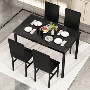 AWQM Faux Black Marble Dining Table with 4 Upholstered Chairs, 5-Piece Dining Room Table Set for Small Space, Breakfast Table Bar Table and Chairs Set for 4, Home & Kitchen Sets