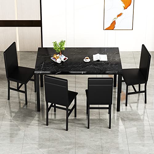 AWQM Faux Black Marble Dining Table with 4 Upholstered Chairs, 5-Piece Dining Room Table Set for Small Space, Breakfast Table Bar Table and Chairs Set for 4, Home & Kitchen Sets