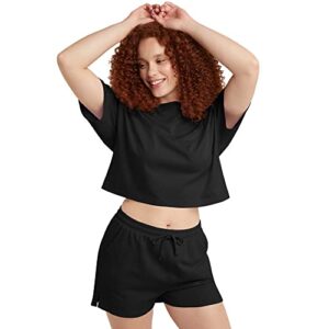 hanes originals short-sleeve cropped t-shirt, 100% cotton tees for women, boxy fit, black