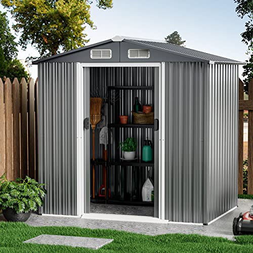 Goplus 6' x 4' Outdoor Storage Shed, Weather-Resistant Galvanized Metal Tool House w/ 4 Air Vents, Lockable Sliding Doors, Ramp, Gloves, Utility Tool Organizer for Garden, Farm, Yard