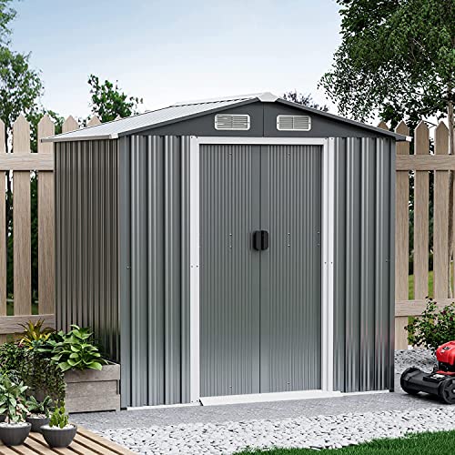 Goplus 6' x 4' Outdoor Storage Shed, Weather-Resistant Galvanized Metal Tool House w/ 4 Air Vents, Lockable Sliding Doors, Ramp, Gloves, Utility Tool Organizer for Garden, Farm, Yard