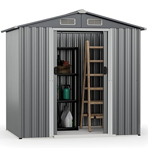 Goplus 6' x 4' Outdoor Storage Shed, Weather-Resistant Galvanized Metal Tool House w/ 4 Air Vents, Lockable Sliding Doors, Ramp, Gloves, Utility Tool Organizer for Garden, Farm, Yard