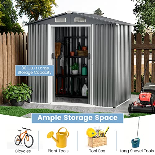 Goplus 6' x 4' Outdoor Storage Shed, Weather-Resistant Galvanized Metal Tool House w/ 4 Air Vents, Lockable Sliding Doors, Ramp, Gloves, Utility Tool Organizer for Garden, Farm, Yard