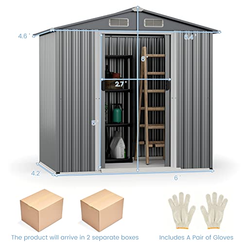 Goplus 6' x 4' Outdoor Storage Shed, Weather-Resistant Galvanized Metal Tool House w/ 4 Air Vents, Lockable Sliding Doors, Ramp, Gloves, Utility Tool Organizer for Garden, Farm, Yard