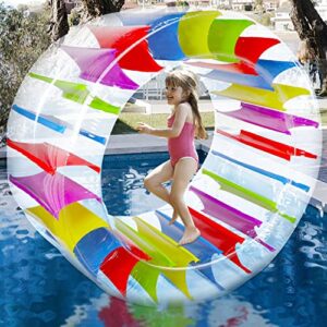zcaukya 65" giant inflatable wheel roller, colorful water rolling wheel float for kids summer swimming pool parties, rolling on the lawn, indoor outdoor fun toys for games supplies