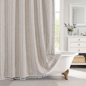 mitovilla boho farmhouse fabric shower curtain, tan brown modern cotton linen shower curtains for vintage country bathroom decor, tassel weighted & thick waterproof cloth, taupe, 72 x 72
