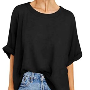 Langwyqu Womens' Short Sleeve Oversized Summer Crew Neck Loose Casual Tee T-Shirt Black