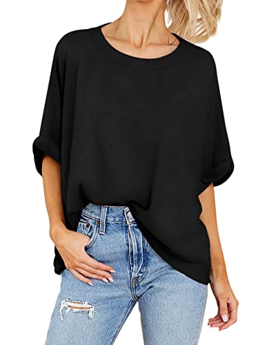 Langwyqu Womens' Short Sleeve Oversized Summer Crew Neck Loose Casual Tee T-Shirt Black