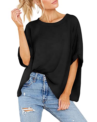 Langwyqu Womens' Short Sleeve Oversized Summer Crew Neck Loose Casual Tee T-Shirt Black