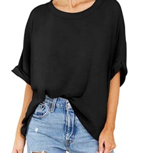 Langwyqu Womens' Short Sleeve Oversized Summer Crew Neck Loose Casual Tee T-Shirt Black