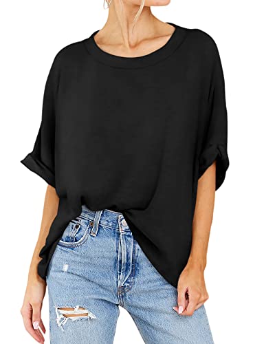 Langwyqu Womens' Short Sleeve Oversized Summer Crew Neck Loose Casual Tee T-Shirt Black