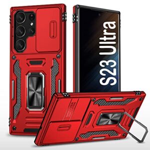 pasnew compatible with samsung galaxy s23 ultra 5g case - 6.8 inch, shockproof, anti-fall, slide camera lens cover, 360° rotating ring kickstand,case for s23ultra red