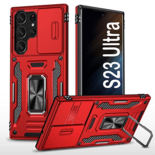 PASNEW Compatible with Samsung Galaxy S23 Ultra 5G Case - 6.8 inch, Shockproof, Anti-Fall, Slide Camera Lens Cover, 360° Rotating Ring Kickstand,Case for S23Ultra Red