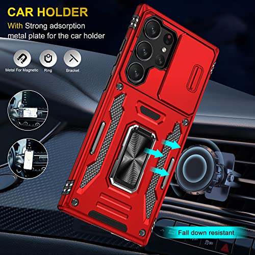 PASNEW Compatible with Samsung Galaxy S23 Ultra 5G Case - 6.8 inch, Shockproof, Anti-Fall, Slide Camera Lens Cover, 360° Rotating Ring Kickstand,Case for S23Ultra Red