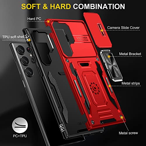 PASNEW Compatible with Samsung Galaxy S23 Ultra 5G Case - 6.8 inch, Shockproof, Anti-Fall, Slide Camera Lens Cover, 360° Rotating Ring Kickstand,Case for S23Ultra Red