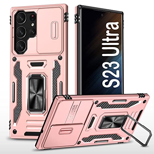 PASNEW Compatible with Samsung Galaxy S23 Ultra 5G Case - 6.8 inch, Shockproof, Anti-Fall, Slide Camera Lens Cover, 360° Rotating Ring Kickstand,Case for S23Ultra Dark Rose Gold