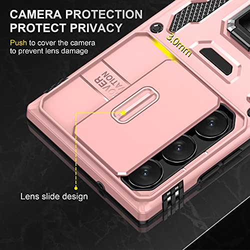 PASNEW Compatible with Samsung Galaxy S23 Ultra 5G Case - 6.8 inch, Shockproof, Anti-Fall, Slide Camera Lens Cover, 360° Rotating Ring Kickstand,Case for S23Ultra Dark Rose Gold