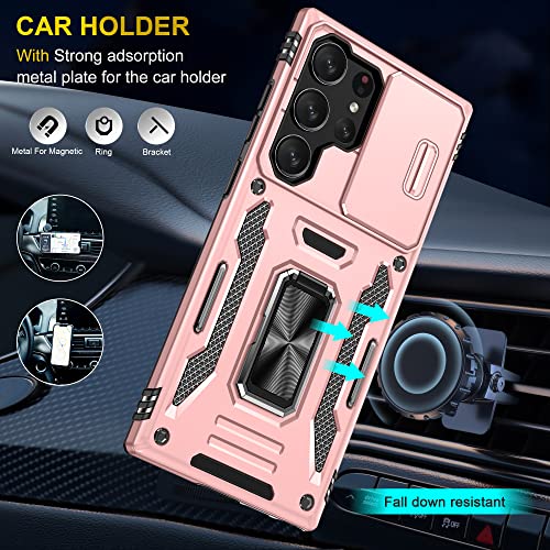 PASNEW Compatible with Samsung Galaxy S23 Ultra 5G Case - 6.8 inch, Shockproof, Anti-Fall, Slide Camera Lens Cover, 360° Rotating Ring Kickstand,Case for S23Ultra Dark Rose Gold