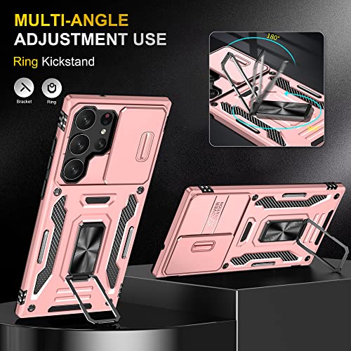 PASNEW Compatible with Samsung Galaxy S23 Ultra 5G Case - 6.8 inch, Shockproof, Anti-Fall, Slide Camera Lens Cover, 360° Rotating Ring Kickstand,Case for S23Ultra Dark Rose Gold