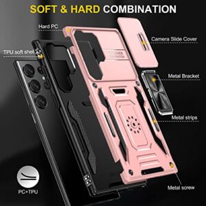 PASNEW Compatible with Samsung Galaxy S23 Ultra 5G Case - 6.8 inch, Shockproof, Anti-Fall, Slide Camera Lens Cover, 360° Rotating Ring Kickstand,Case for S23Ultra Dark Rose Gold