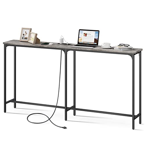 DEPAD 70 Inch Extra-Long Console Table with 2 Power Outlets and 1 Type C Port and 1 USB Port, 10.6” D x 70.9” L x 35.4” H Sofa Table, Grey Behind Couch Table, Narrow Long Entryway Table