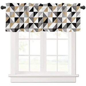 sigouyi kitchen valances for windows, simple black and white gold triangle pattern kitchen curtains, kitchen decor short curtains rod pocket small window curtains, 54"x18" bathroom curtains window