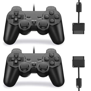 tuozhe wired controller for ps2 double shock, 2 pack gamepad remote compatible with play station 2 (two black)
