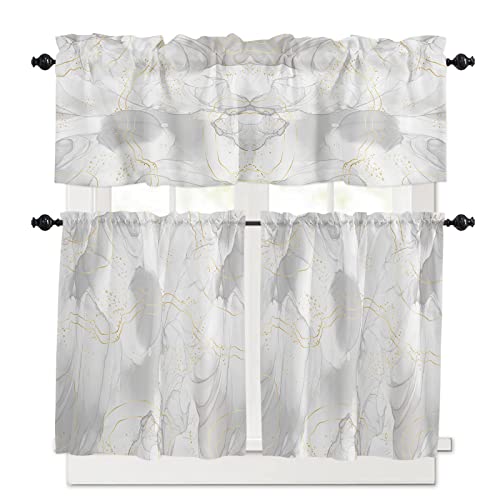 OneHoney Marble Texture Kitchen Curtains Tiers and Valances Set 3 Piece for Windows, Modern White Granite with Gold Lines Rod Pocket Small Window Panels for Living Room Bedroom Bathroom Cafe