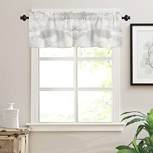 OneHoney Marble Texture Kitchen Curtains Tiers and Valances Set 3 Piece for Windows, Modern White Granite with Gold Lines Rod Pocket Small Window Panels for Living Room Bedroom Bathroom Cafe