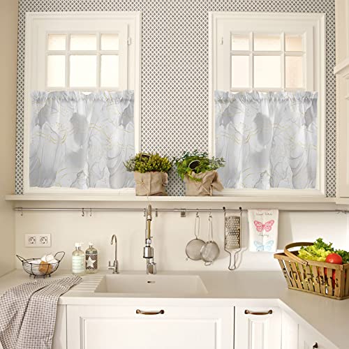 OneHoney Marble Texture Kitchen Curtains Tiers and Valances Set 3 Piece for Windows, Modern White Granite with Gold Lines Rod Pocket Small Window Panels for Living Room Bedroom Bathroom Cafe